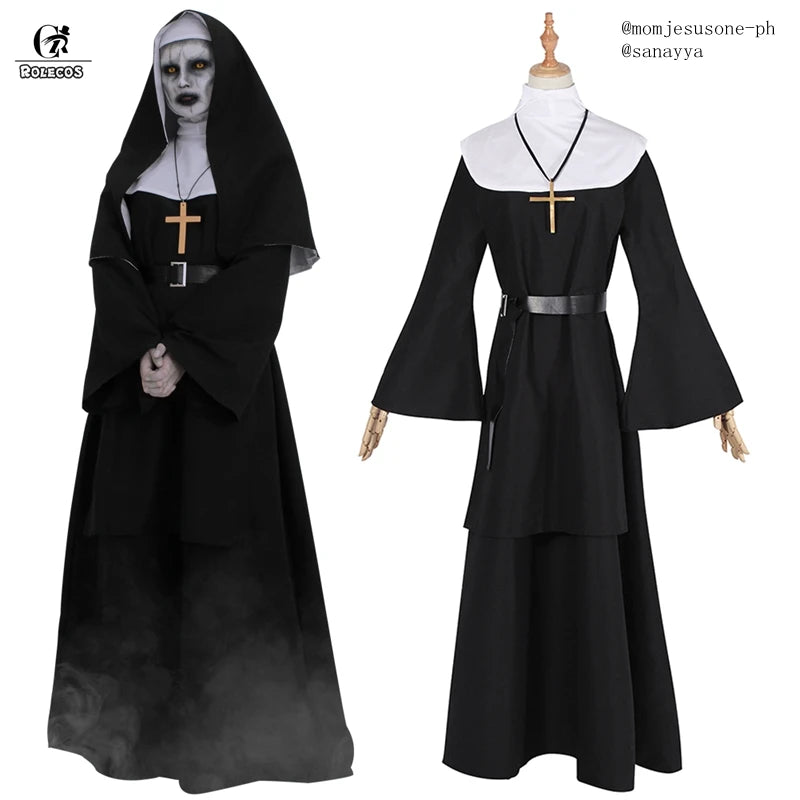 ROLECOS disfraz de monja para Cosplay, películas de terror, disfraz de Halloween de fantasma cruzado, disfraz de Halloween para mujer negra