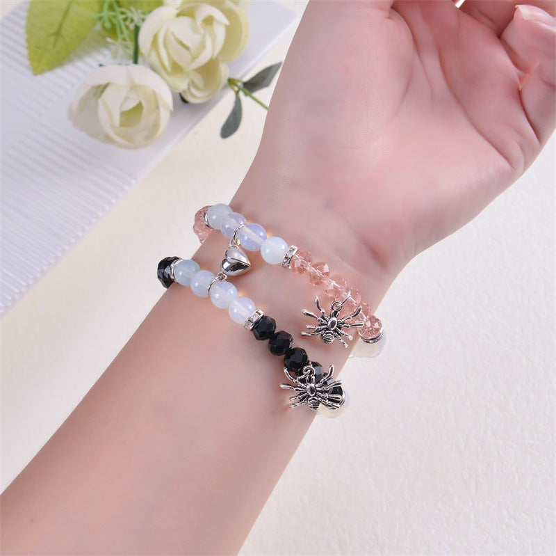 Personalized Dark Wind Halloween Spider Pendant Bracelet suit 8mm Crystal Onyx Stone Beaded Couple Bracelet