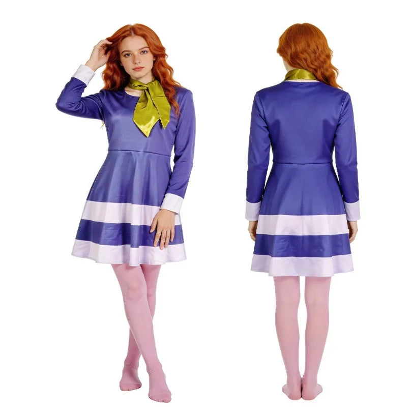 Anime Velma Daphne Cosplay Kostum Orange Short Skirt Uniform Wanita Oranye Kaus Kaki Rok Atas Halloween Party Carnival Set