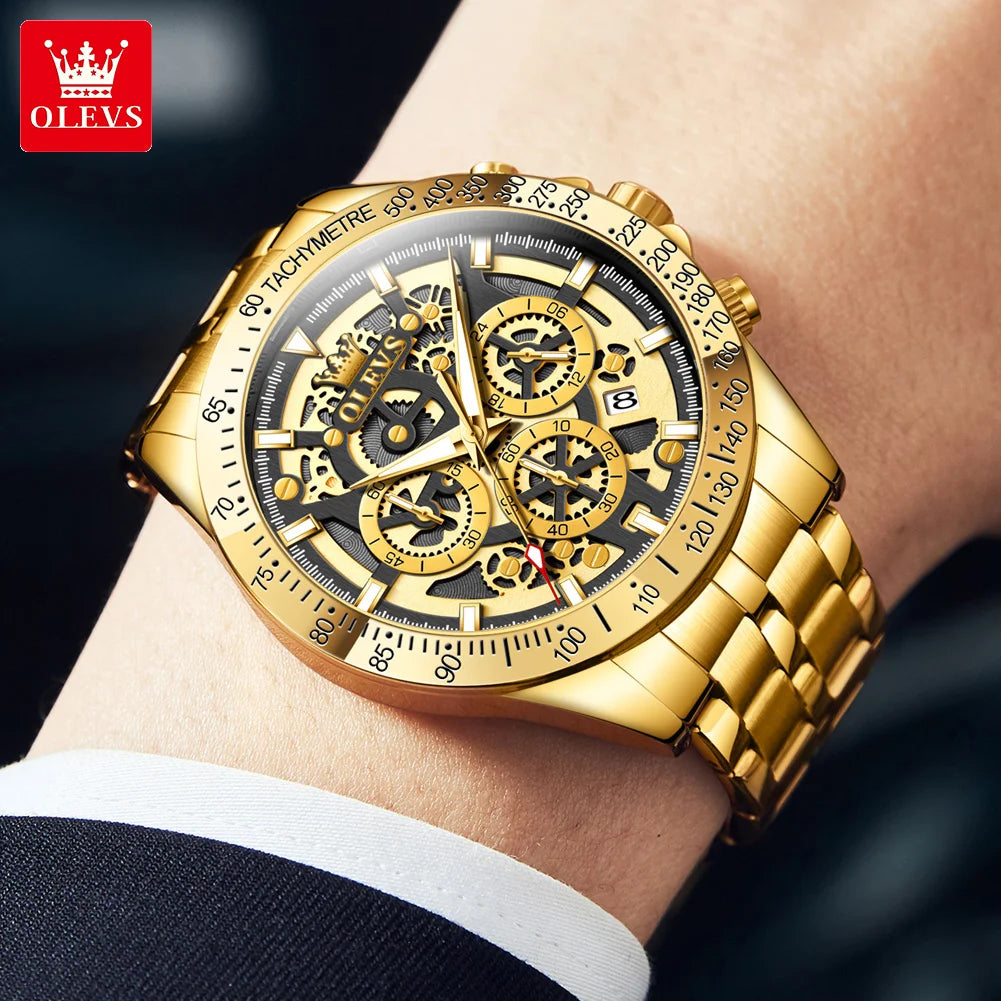 OLEVS Lxuxry Brand Gold Men's Watches Full Skeleton Stainless Steel Chronograph Wristwatch Waterproof Luminous Quartz Watch Men