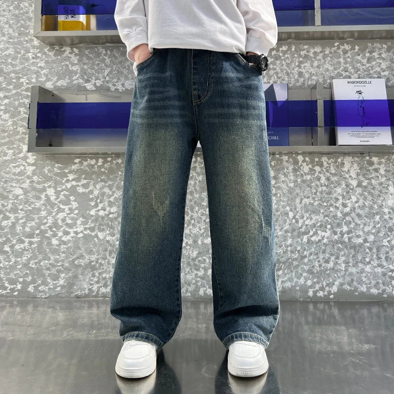 New Autumn Children Casual Jeans for Big Boy Fashion Vintage Jeans Trousers Cotton Sweatpants Teenager Kids Denim Pants Age 4-14
