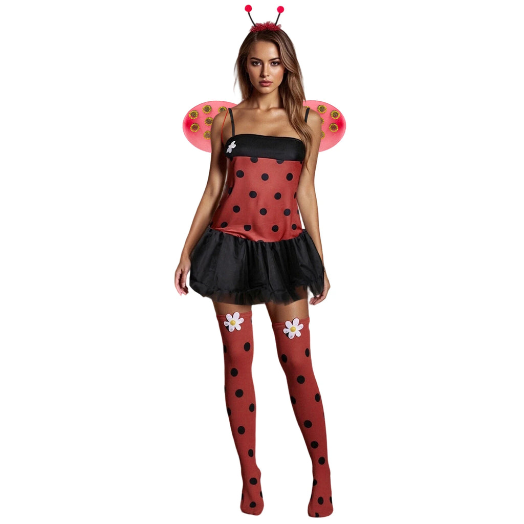 Women Halloween Ladybug Cosplay Costume Beetle Wings Bee Fairy Role Play Costume Dress Headband Leg Warmer 4pcs Outfits