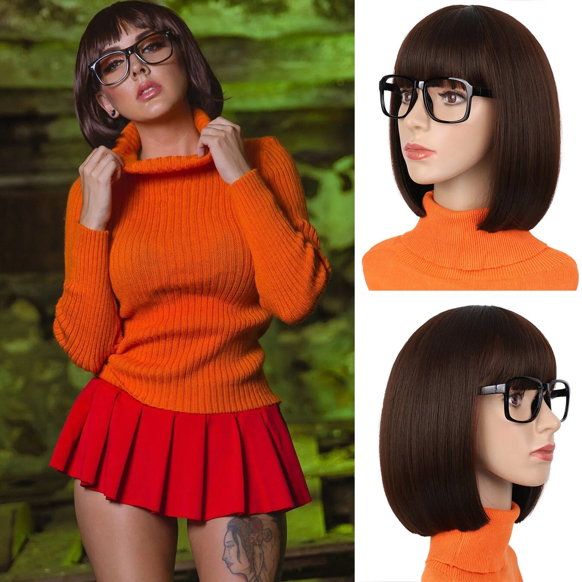 Peluca sintética recta con corte Bob con flequillo, disfraz de fibra marrón hecha a máquina para mujeres y niñas, cosplay de Velma, uso diario para fiestas y Halloween