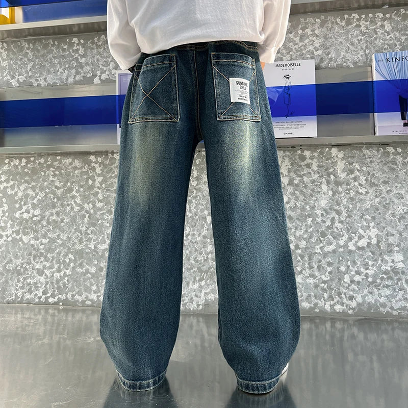 New Autumn Children Casual Jeans for Big Boy Fashion Vintage Jeans Trousers Cotton Sweatpants Teenager Kids Denim Pants Age 4-14