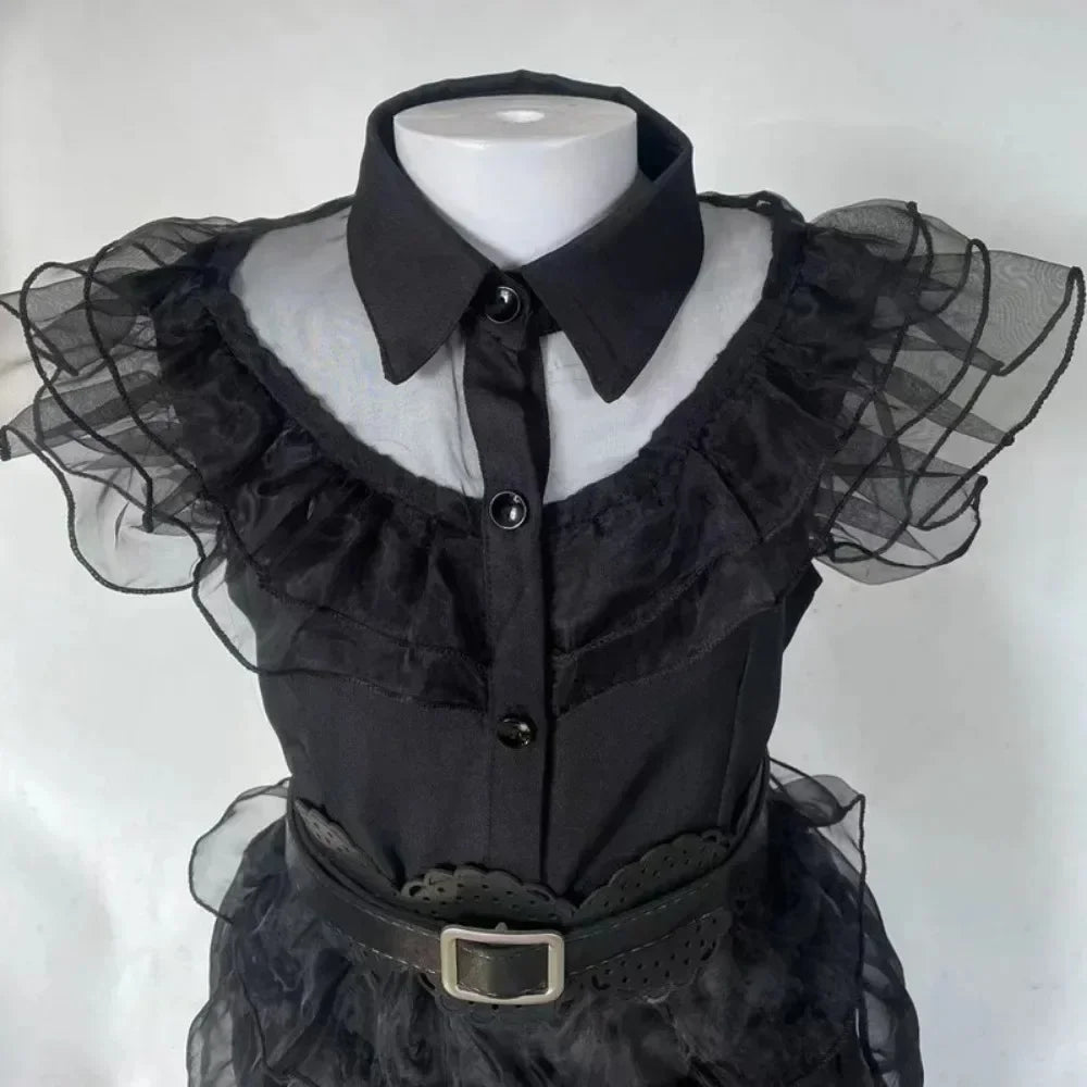 WedAddams Cosplay Costume Women Black Dress Wig Full Set Kids Girls Role Play Gothic Dress Suit Halloween Carnival Party