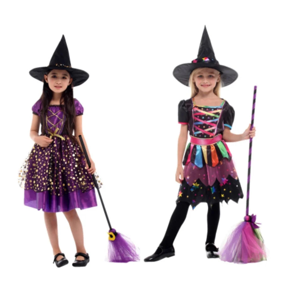 Disfraces de personajes de brujas de Halloween: hermosos vestidos para niñas, juegos de rol infantiles como No broomthe Devil Queen, Witch Carnival