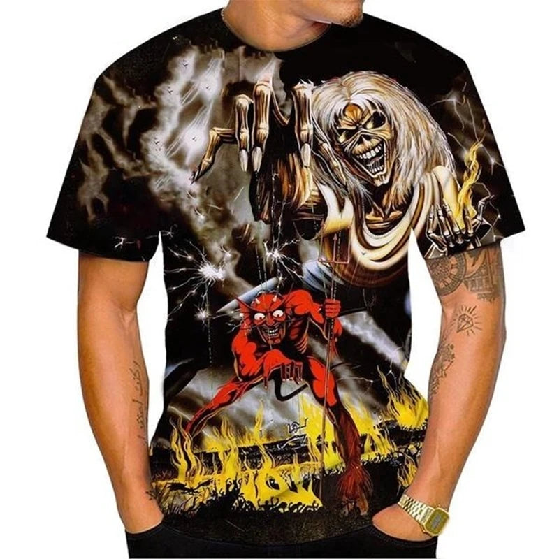 Hot Selling New Product 3D Printed Men's T-shirt Rock Music Round Neck Short Sleeved Heavy Metal Fashion Casual Short Sleeved