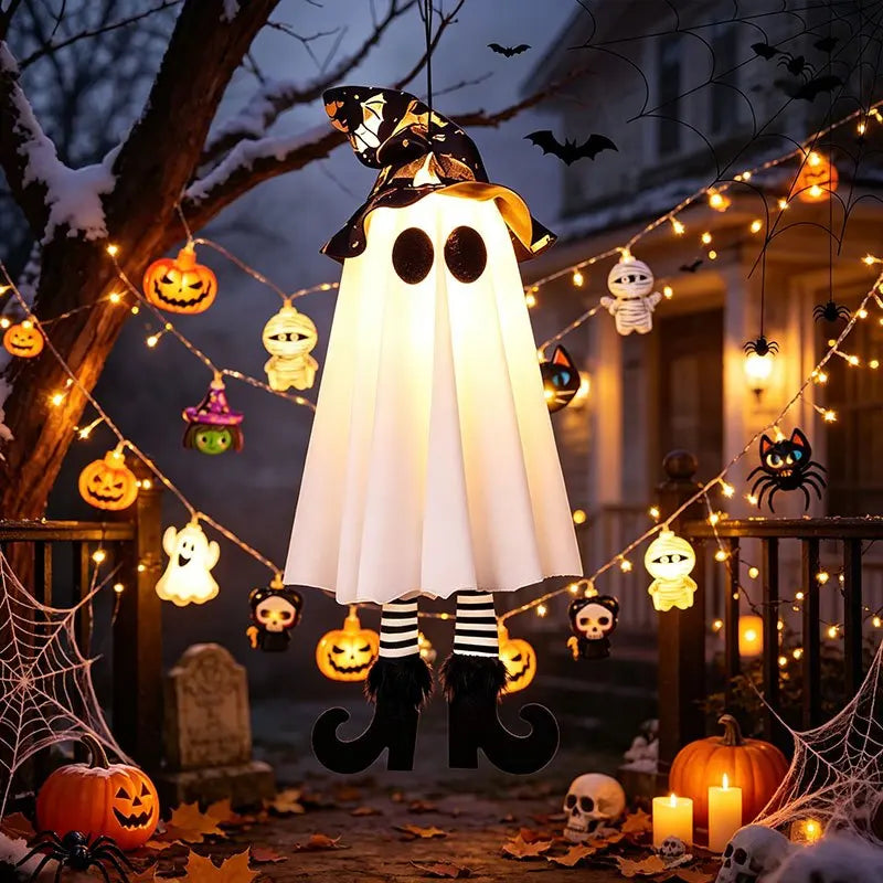 Decoración colgante de fantasma de mago con luz LED de Halloween, lámpara de fantasma de bruja aterradora con luz intermitente, adorno alimentado por batería