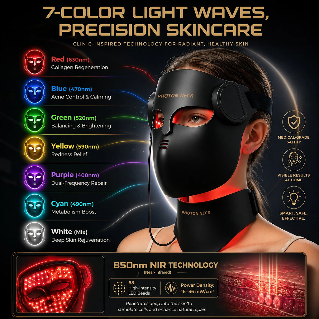 Terapia de luz roja, mascarilla Facial LED de 8 colores con cuello, mascarilla de terapia infrarroja de fotones de silicona para reducir las arrugas y el cuidado Facial del acné
