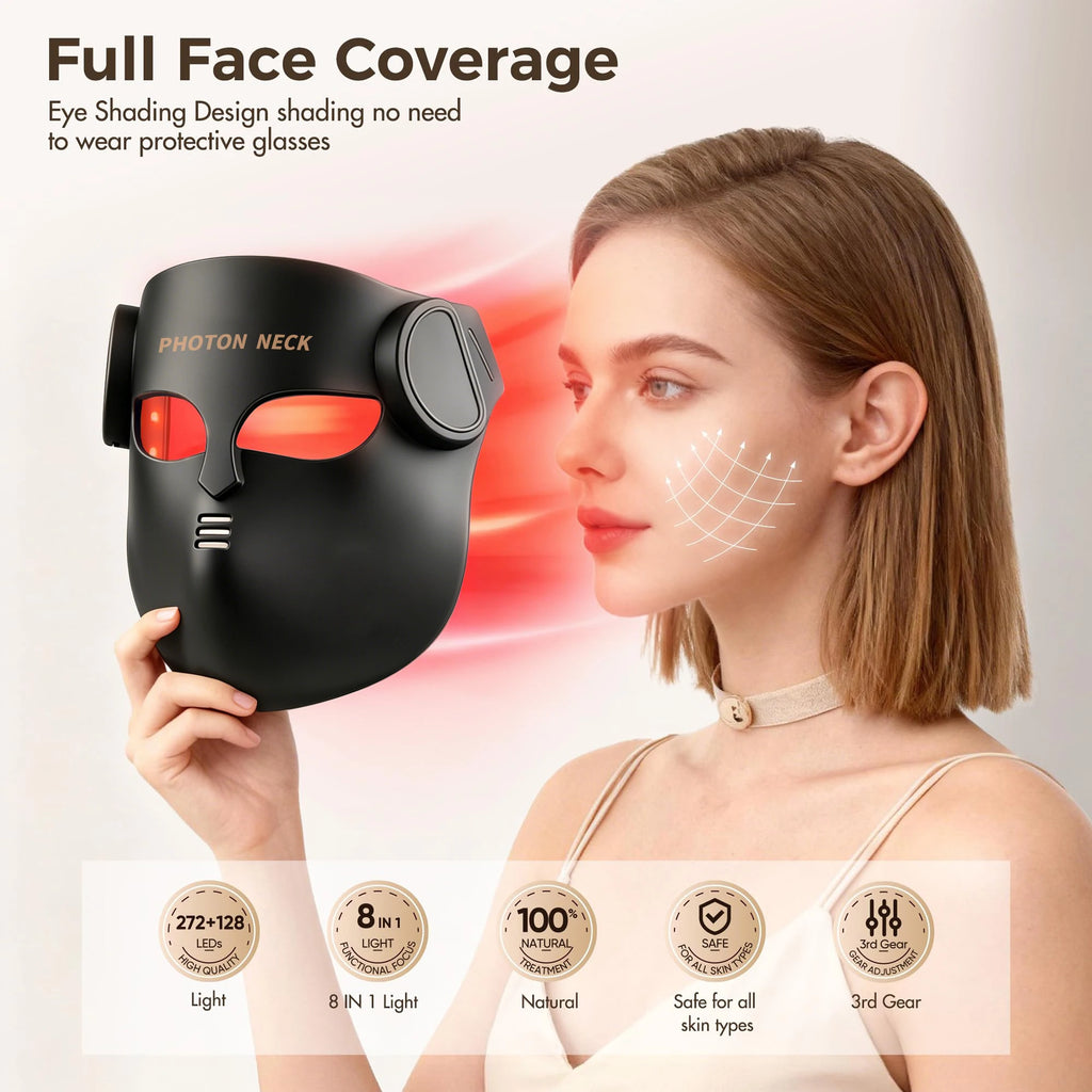 Terapia de luz roja, mascarilla Facial LED de 8 colores con cuello, mascarilla de terapia infrarroja de fotones de silicona para reducir las arrugas y el cuidado Facial del acné