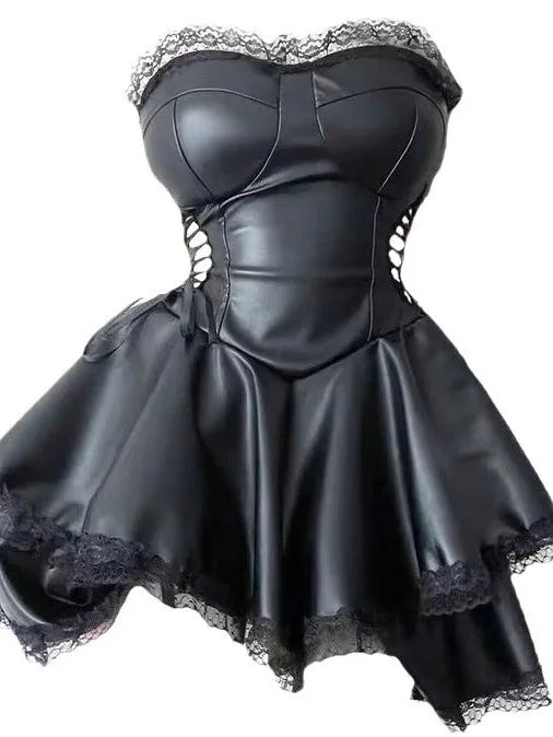 Pure Style Spicy Girl Sweet Cool Strapless Waist Cinching Design Lace Leather Dress Elegant Sweet Bandage Mini Dress J2UA