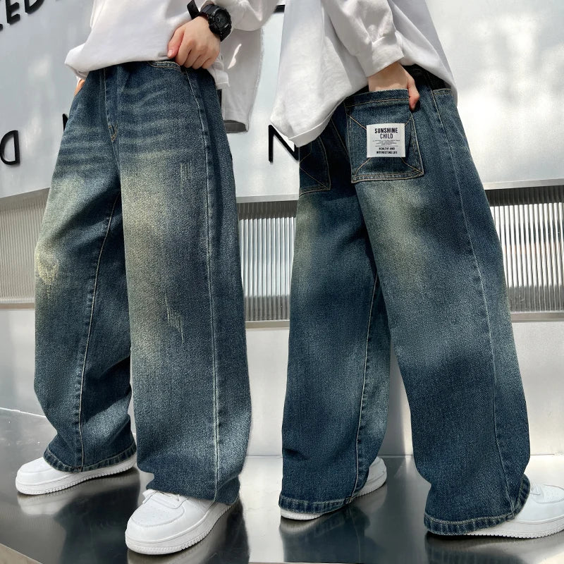 New Autumn Children Casual Jeans for Big Boy Fashion Vintage Jeans Trousers Cotton Sweatpants Teenager Kids Denim Pants Age 4-14