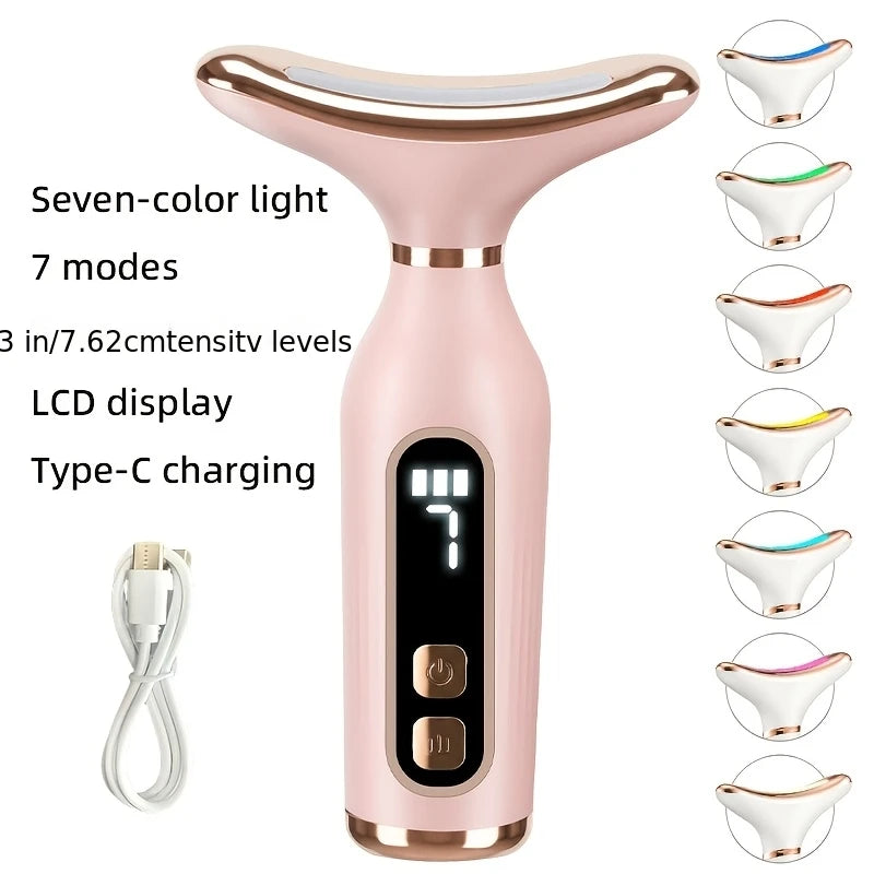 Masajeador Facial y de cuello con luz LED de 7 colores, dispositivo de belleza Facial EMS, pantalla LCD, herramienta de Estiramiento Facial antienvejecimiento para reafirmar la piel