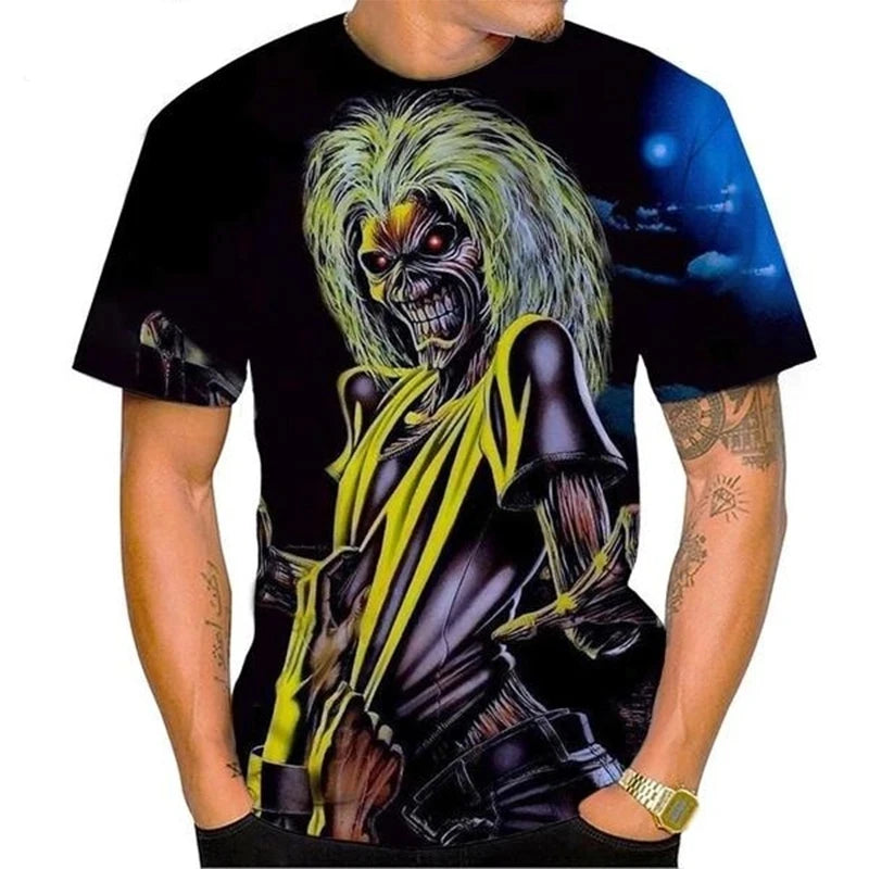 Hot Selling New Product 3D Printed Men's T-shirt Rock Music Round Neck Short Sleeved Heavy Metal Fashion Casual Short Sleeved