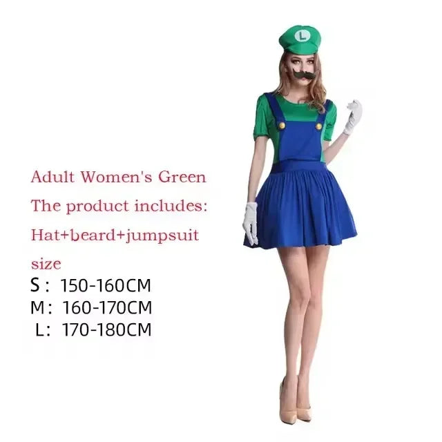 Anime Super Luigi Brothers Cosplay Adult Men and Women Boys Girls Jumpsuit Beard Hat Set Halloween Costume Props
