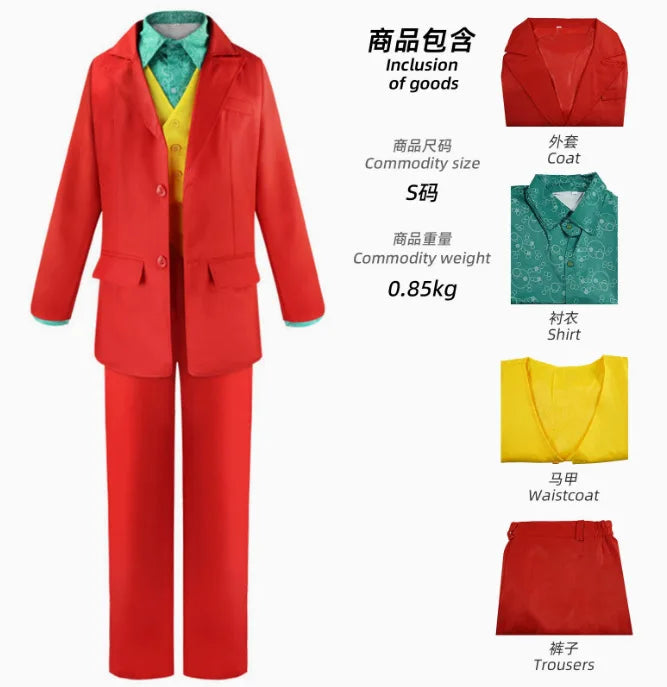oker Conjunto de disfraces de cosplay - Joaquin Phoenix Arthur Fleck Clown Traje bañado en rojo con peluca verde - Conjunto de uniforme personalizado