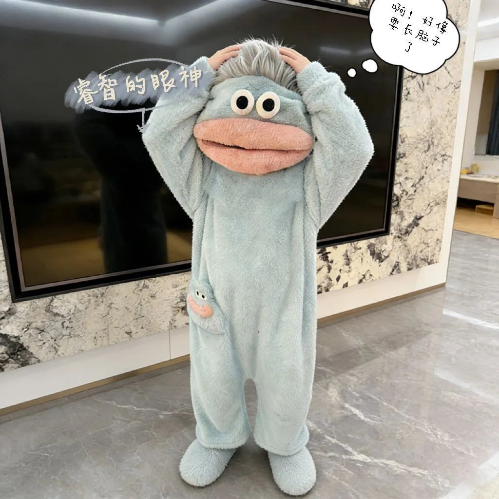 Cartoon Big Mouth Monster Cute Funny Onesie Pajamas For Kids New Autumn Winter Boys Girls Thickened Warm Coral Fleece Loungewear