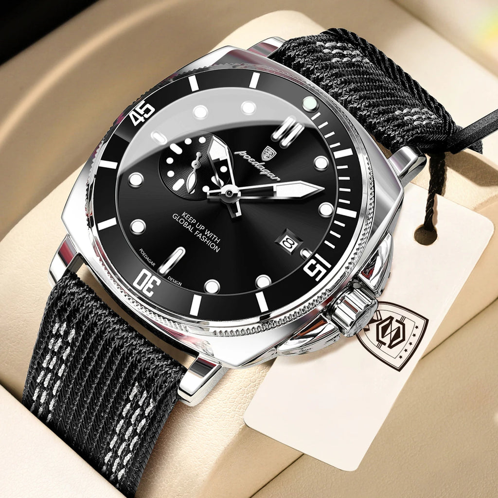POEDAGAR Top Original Male Wristwatch Luminous Waterproof Date Fashion Men Clock Nylon Leather Quartz Men's Watches Reloj Hombre