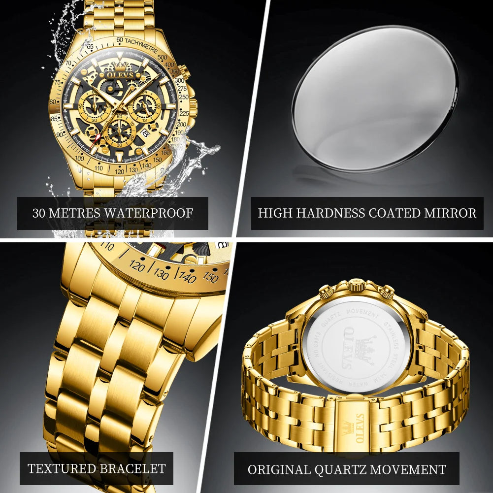 OLEVS Lxuxry Brand Gold Men's Watches Full Skeleton Stainless Steel Chronograph Wristwatch Waterproof Luminous Quartz Watch Men