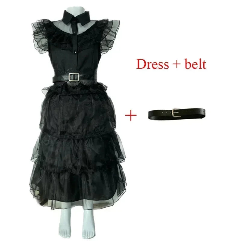 WedAddams Cosplay Costume Women Black Dress Wig Full Set Kids Girls Role Play Gothic Dress Suit Halloween Carnival Party