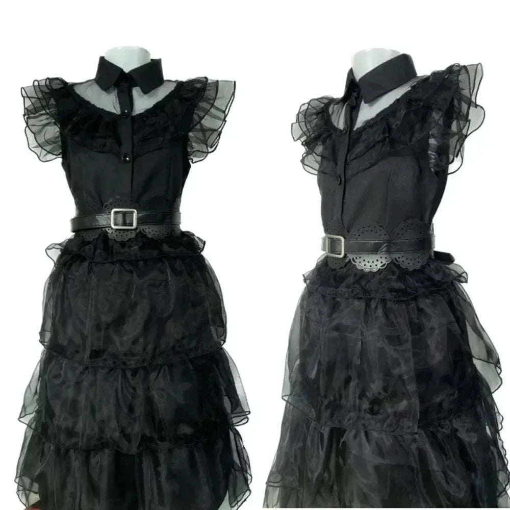 WedAddams Cosplay Costume Women Black Dress Wig Full Set Kids Girls Role Play Gothic Dress Suit Halloween Carnival Party