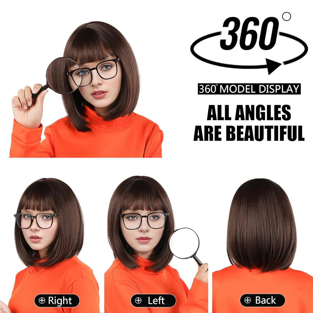 Peluca sintética recta con corte Bob con flequillo, disfraz de fibra marrón hecha a máquina para mujeres y niñas, cosplay de Velma, uso diario para fiestas y Halloween
