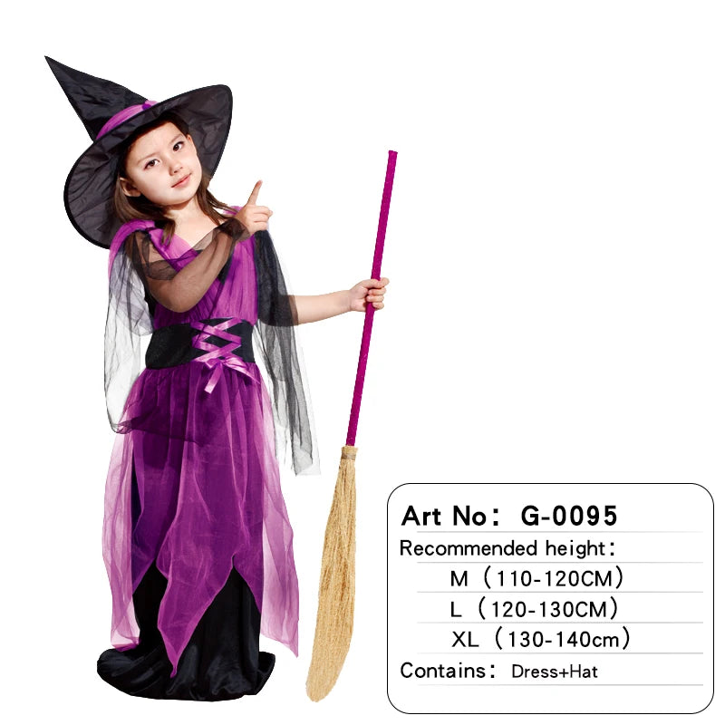 Disfraces de personajes de brujas de Halloween: hermosos vestidos para niñas, juegos de rol infantiles como No broomthe Devil Queen, Witch Carnival
