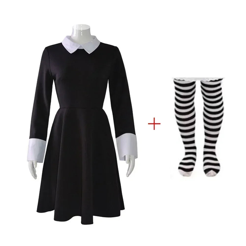 WedAddams Cosplay Costume Women Black Dress Wig Full Set Kids Girls Role Play Gothic Dress Suit Halloween Carnival Party