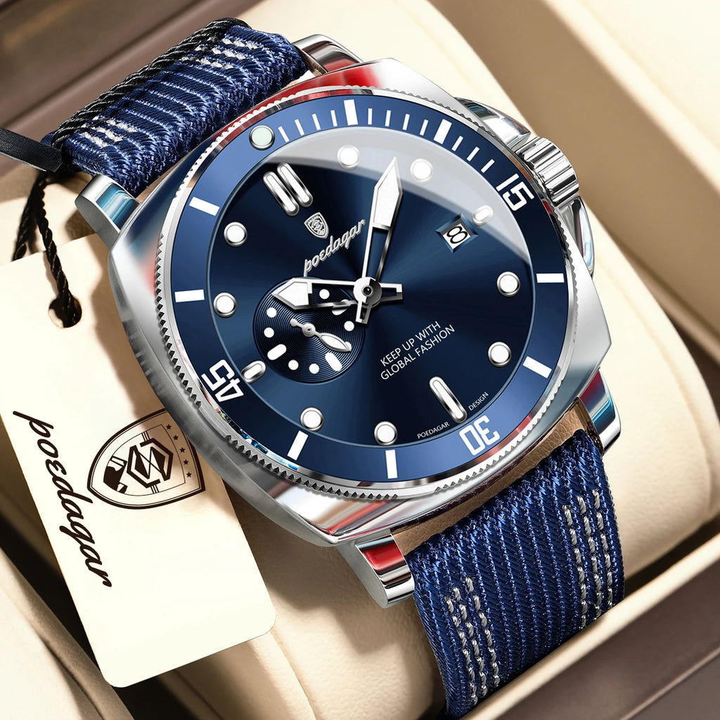 POEDAGAR Top Original Male Wristwatch Luminous Waterproof Date Fashion Men Clock Nylon Leather Quartz Men's Watches Reloj Hombre