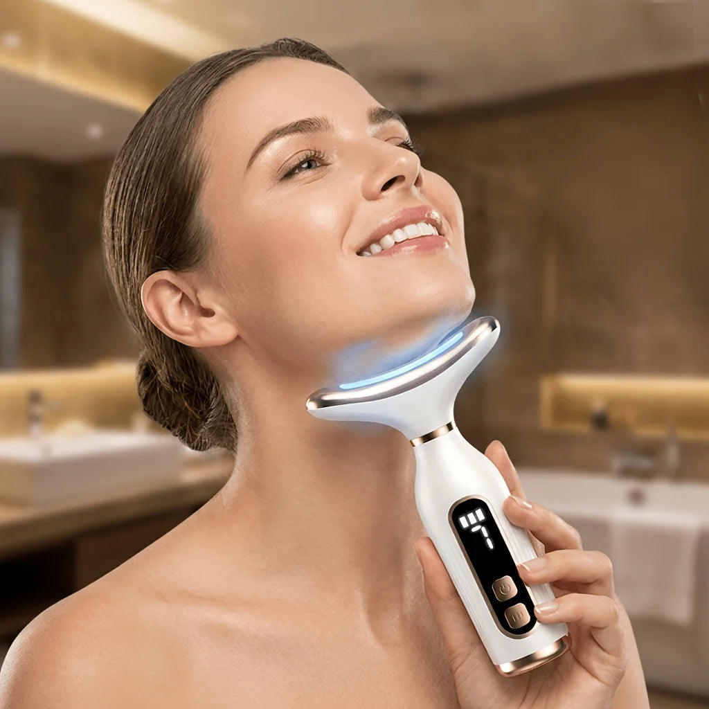 Masajeador Facial y de cuello con luz LED de 7 colores, dispositivo de belleza Facial EMS, pantalla LCD, herramienta de Estiramiento Facial antienvejecimiento para reafirmar la piel