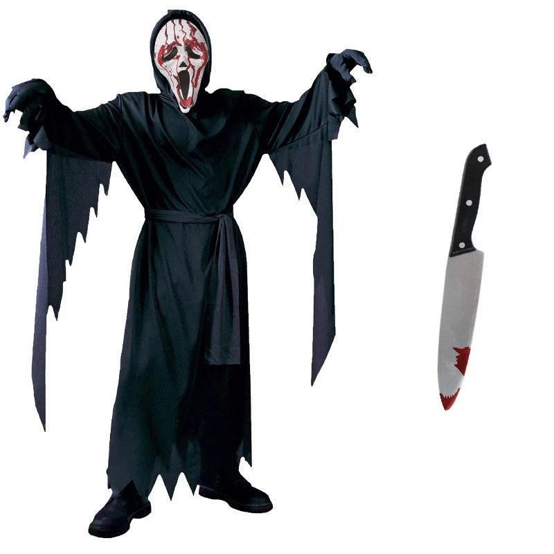 Disfraz de fiesta de Halloween Reaper, disfraz de muerte, disfraz de demonio negro, máscara de calavera aterradora, disfraz de grito para adulto