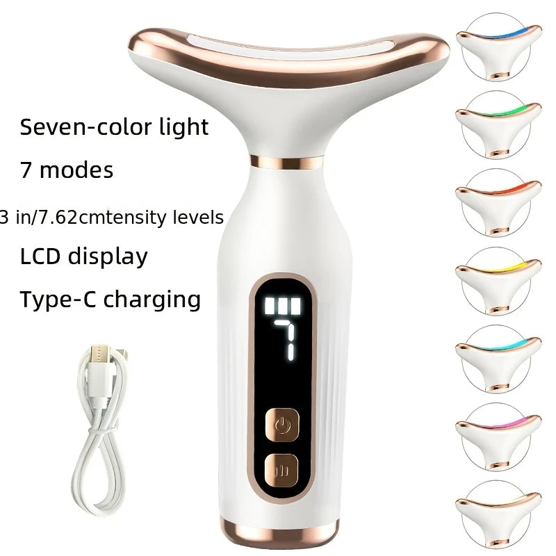 Masajeador Facial y de cuello con luz LED de 7 colores, dispositivo de belleza Facial EMS, pantalla LCD, herramienta de Estiramiento Facial antienvejecimiento para reafirmar la piel