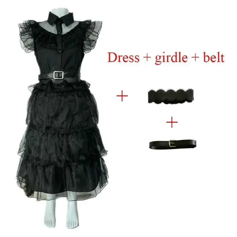 WedAddams Cosplay Costume Women Black Dress Wig Full Set Kids Girls Role Play Gothic Dress Suit Halloween Carnival Party