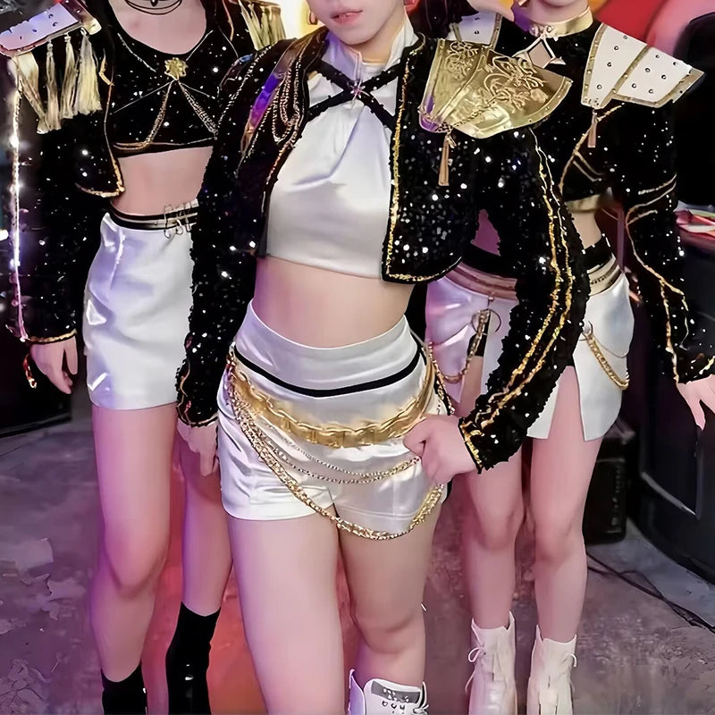 Traje de mujer de estilo coreano, disfraz de Halloween, disfraz de mujer de moda, traje negro brillante, disfraz de fiesta de cumpleaños y Halloween