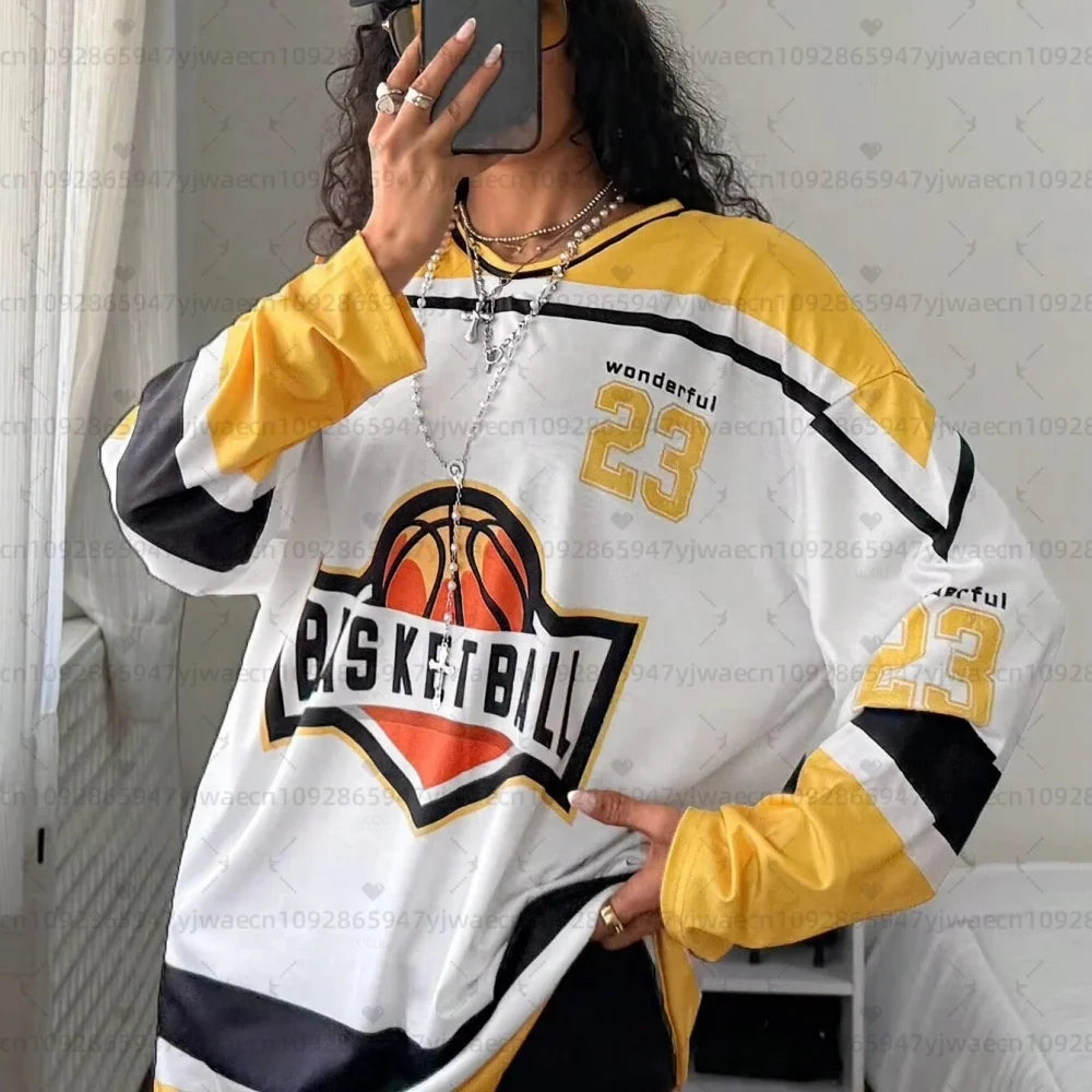 Wonderful 23 V-Neck Loose Long Sleeve Sports Jersey Women Breathable Long Sleeves T-Shirt Oversize V-Neck Basketball T Shirt