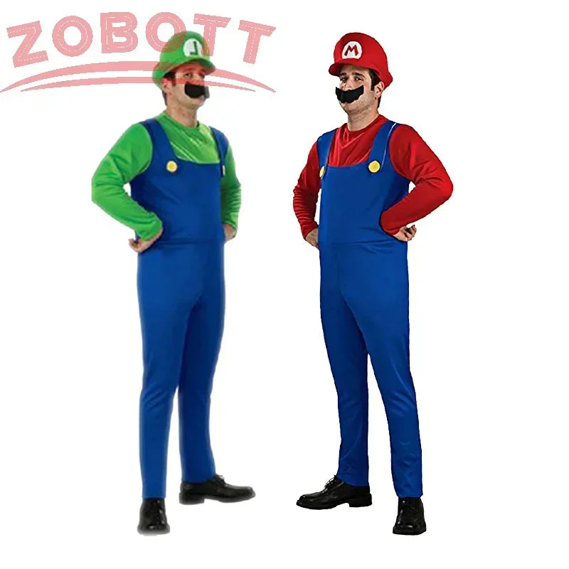 Anime Super Luigi Brothers Cosplay Adult Men and Women Boys Girls Jumpsuit Beard Hat Set Halloween Costume Props