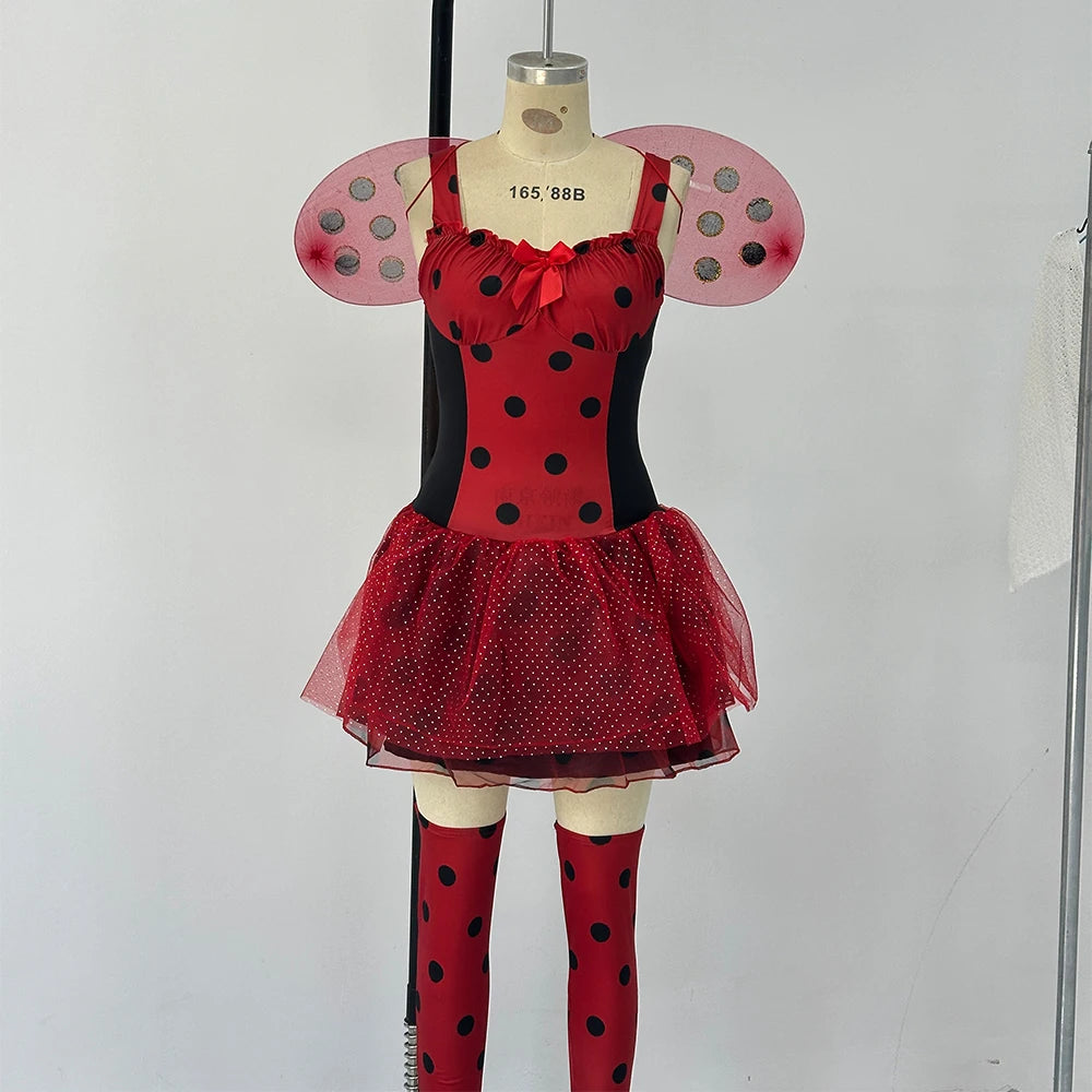 Women Halloween Ladybug Cosplay Costume Beetle Wings Bee Fairy Role Play Costume Dress Headband Leg Warmer 4pcs Outfits