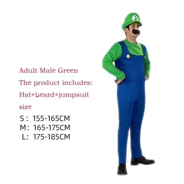 Anime Super Luigi Brothers Cosplay Adult Men and Women Boys Girls Jumpsuit Beard Hat Set Halloween Costume Props