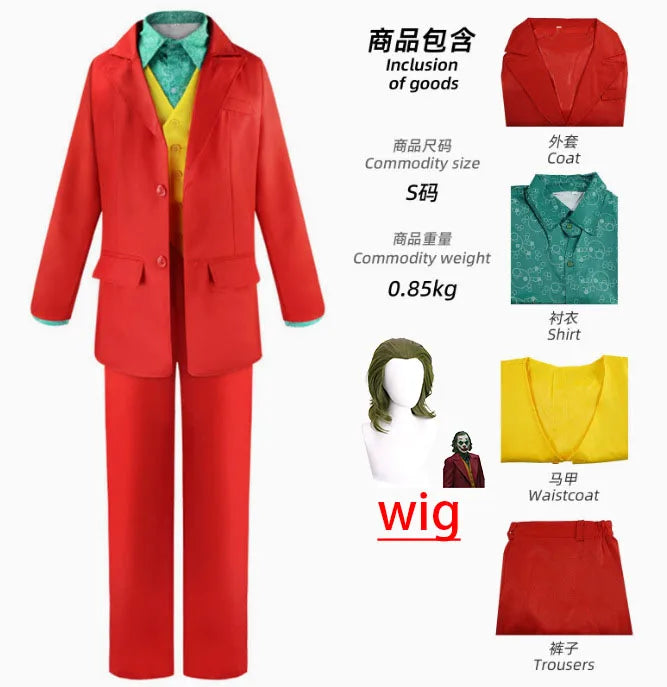 oker Conjunto de disfraces de cosplay - Joaquin Phoenix Arthur Fleck Clown Traje bañado en rojo con peluca verde - Conjunto de uniforme personalizado