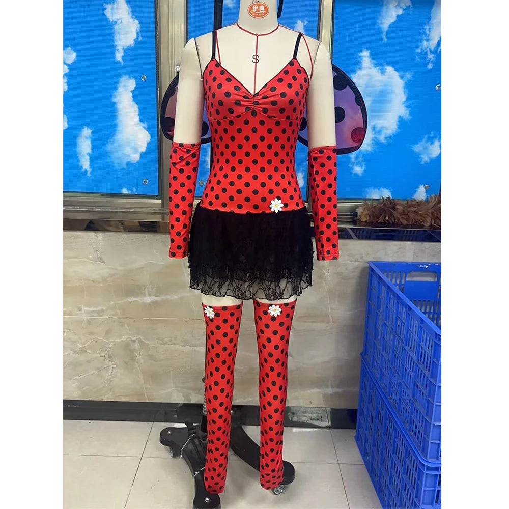 Women Halloween Ladybug Cosplay Costume Beetle Wings Bee Fairy Role Play Costume Dress Headband Leg Warmer 4pcs Outfits