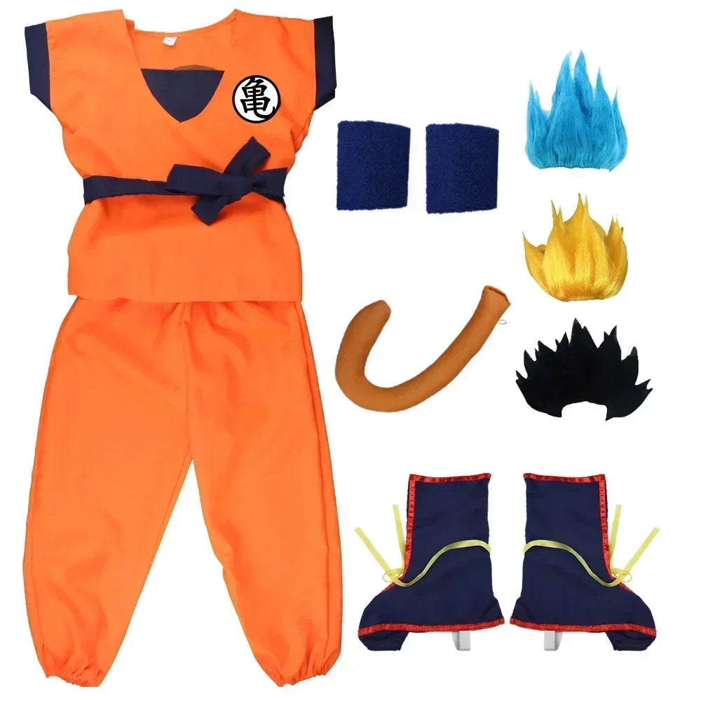 Trajes de Halloween para niños y adultos, Son Goku Gui, Carnaval, Anime, disfraces de vacaciones, peluca de muñeca de cola, vestido azul dorado para niños
