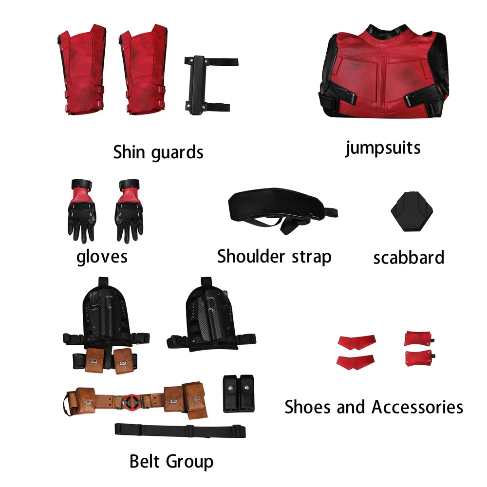 High Quality Red Wade Wilson Cosplay Costume Man Jumpsuit Headgear Accessories Outfit Full Set and Individual Items Are Sold