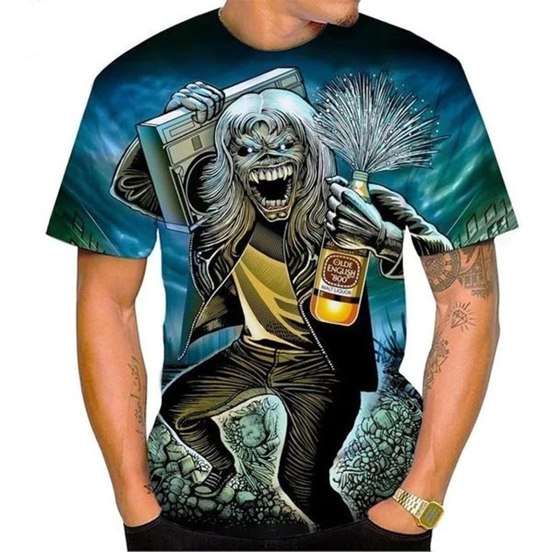 Hot Selling New Product 3D Printed Men's T-shirt Rock Music Round Neck Short Sleeved Heavy Metal Fashion Casual Short Sleeved