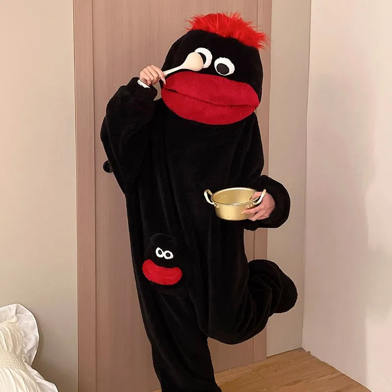 Cartoon Big Mouth Monster Cute Funny Onesie Pajamas For Kids New Autumn Winter Boys Girls Thickened Warm Coral Fleece Loungewear