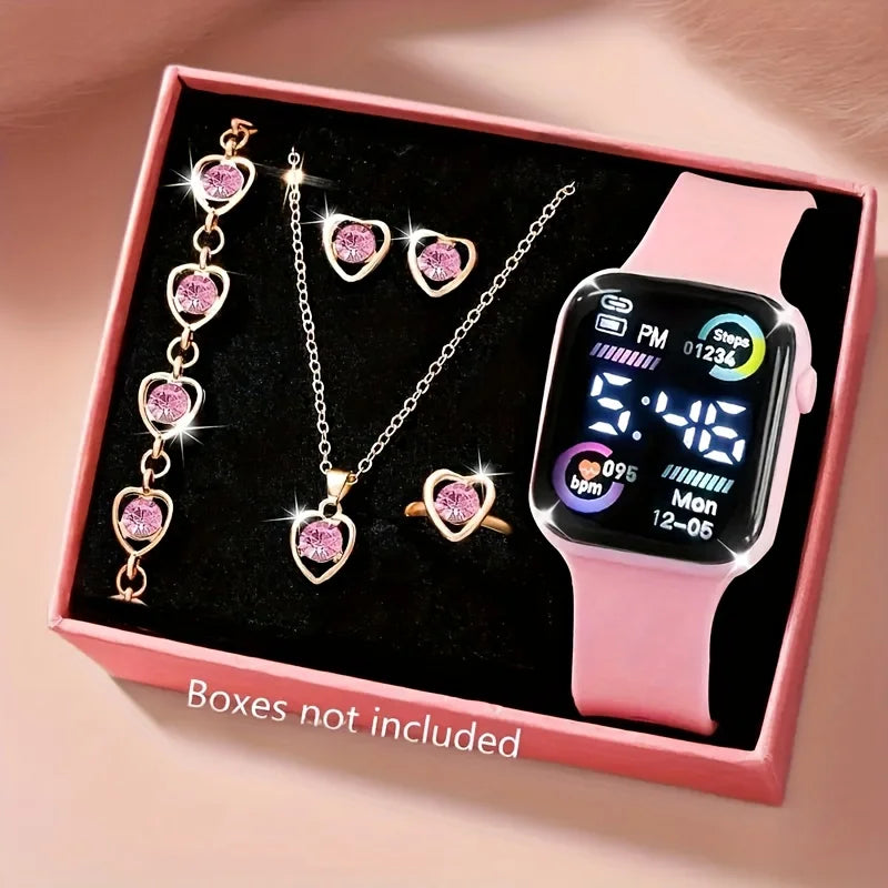 Juego de 6 piezas de reloj electrónico de moda, collar, pendientes, anillo para adolescentes, niños y niñas, la mejor opción para amigos