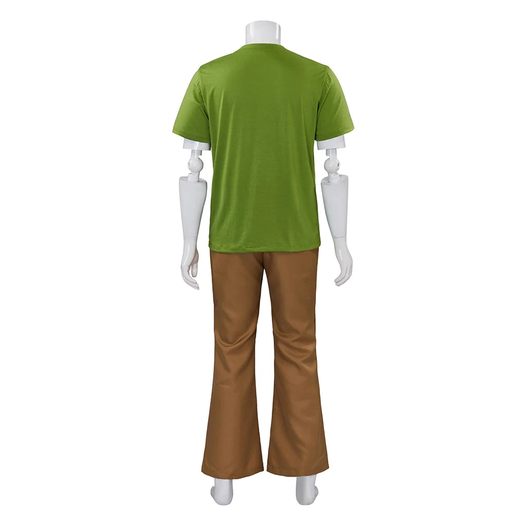 Disfraz de Cosplay Shaggy para hombres adultos, camisa de manga corta con cuello en V verde y pantalones marrones, traje de Halloween