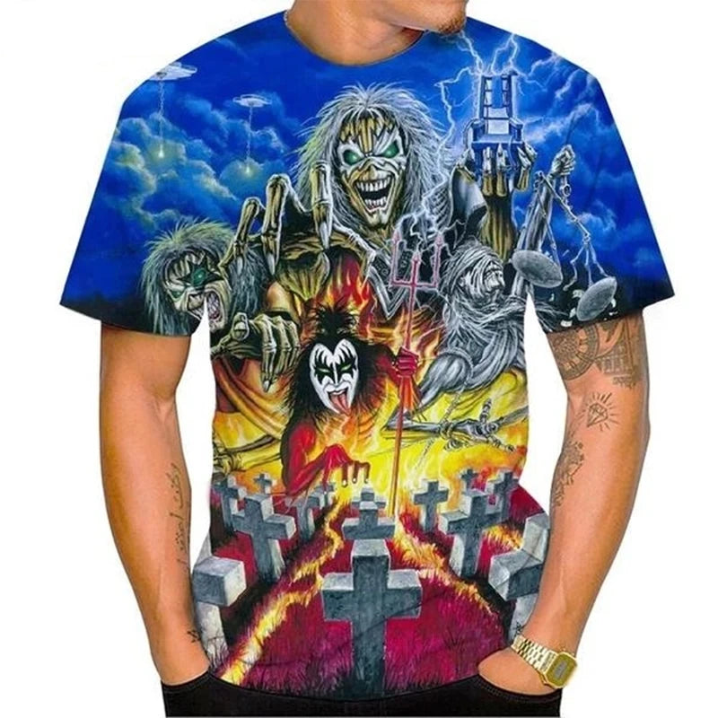 Hot Selling New Product 3D Printed Men's T-shirt Rock Music Round Neck Short Sleeved Heavy Metal Fashion Casual Short Sleeved