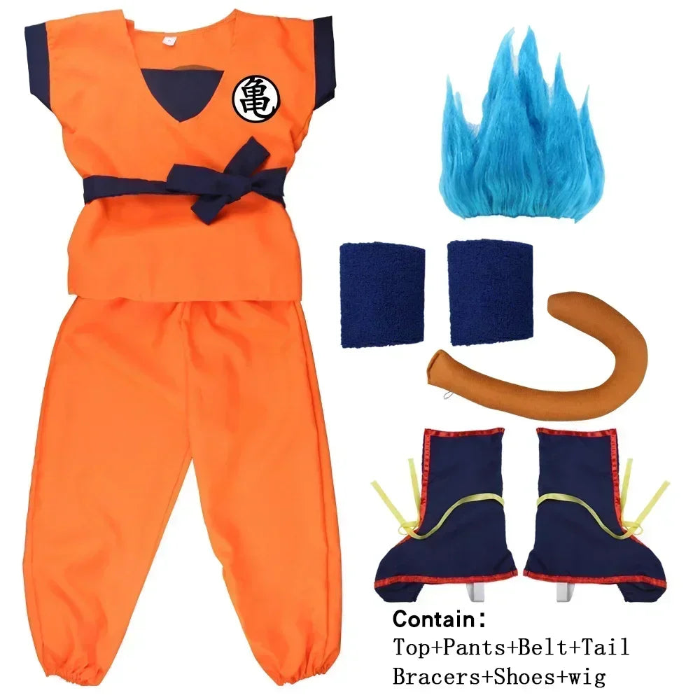 Trajes de Halloween para niños y adultos, Son Goku Gui, Carnaval, Anime, disfraces de vacaciones, peluca de muñeca de cola, vestido azul dorado para niños