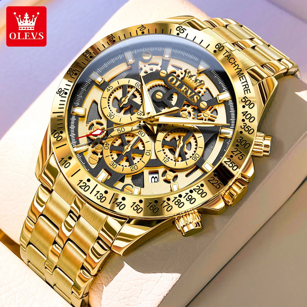 OLEVS Lxuxry Brand Gold Men's Watches Full Skeleton Stainless Steel Chronograph Wristwatch Waterproof Luminous Quartz Watch Men