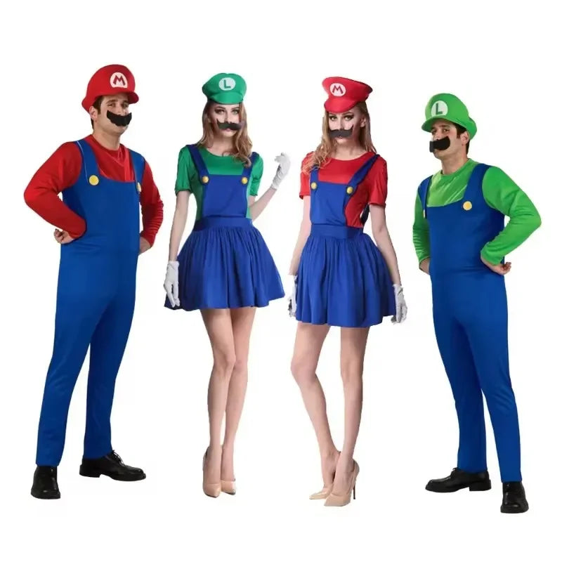 Anime Super Luigi Brothers Cosplay Adult Men and Women Boys Girls Jumpsuit Beard Hat Set Halloween Costume Props